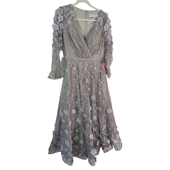 Mac Duggal Long Sleeve Floral Applique Embellished Lace Dress Sterling Size 8 - Picture 6 of 16